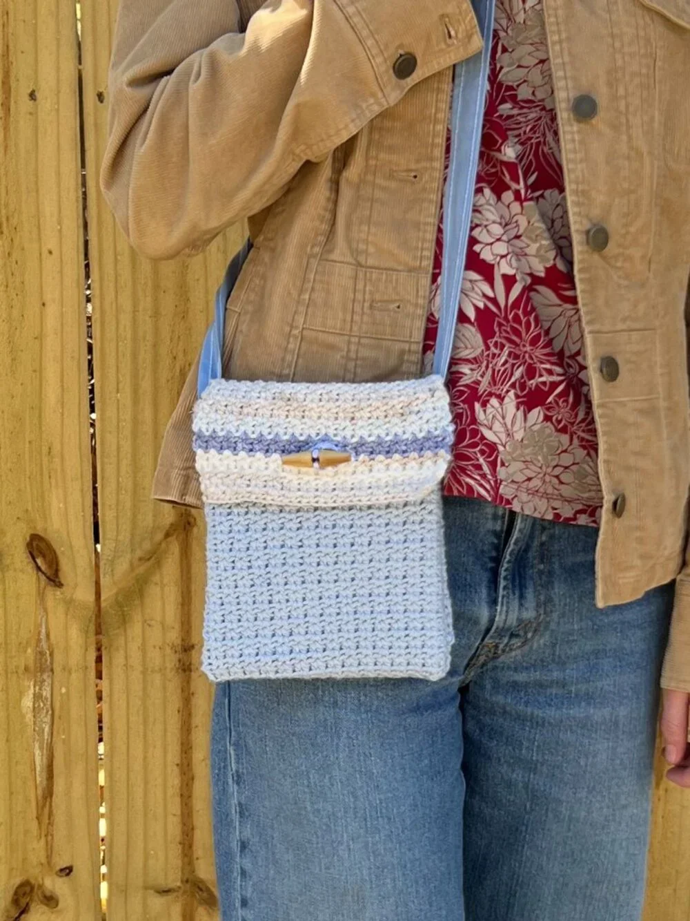 Upcycled Crochet Crossbody Purse Handmade with Repurposed Lining & Button